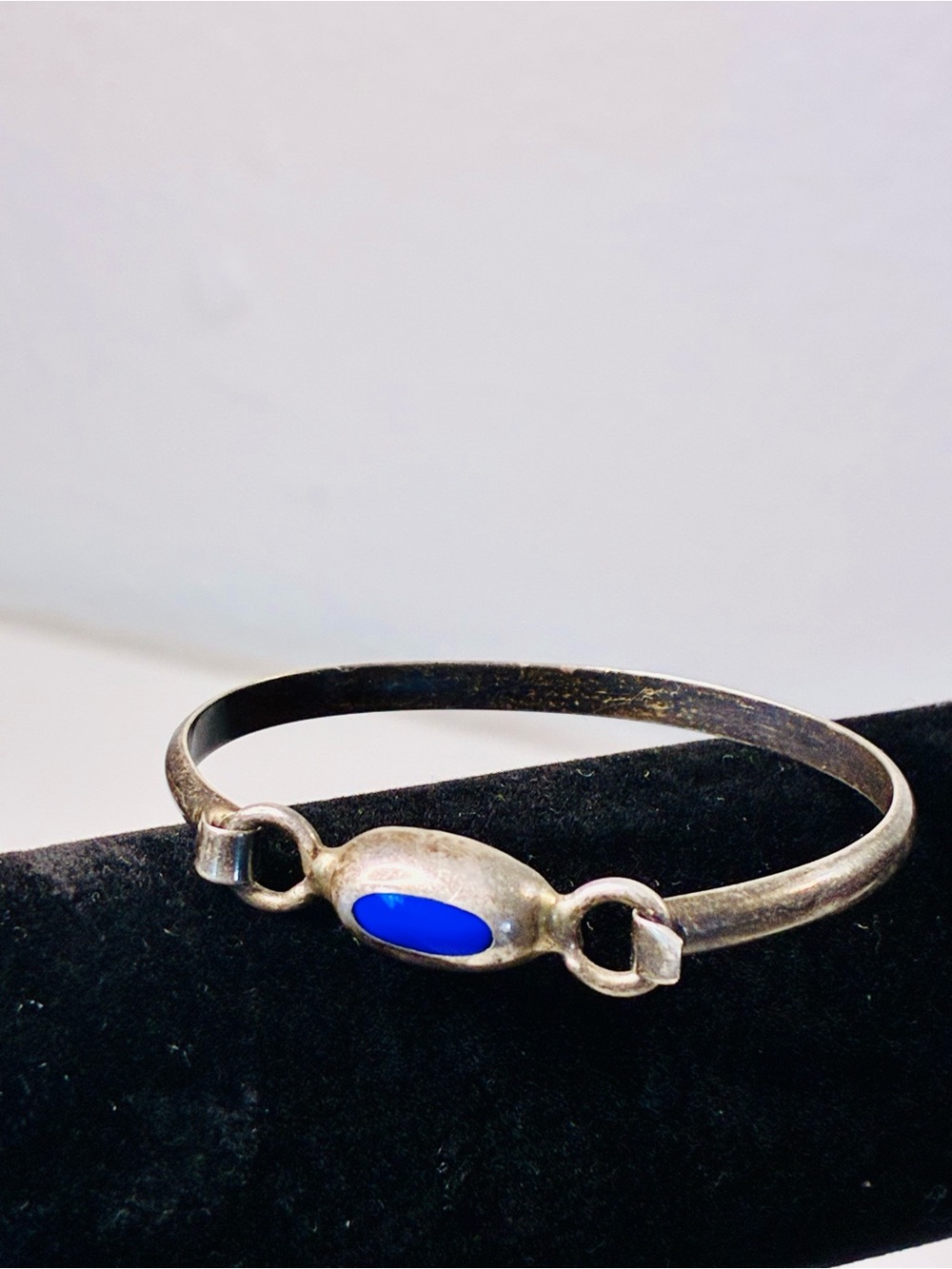 Mexico 925 Sterling Silver Cuff Bracelet with Blue Lapis Oval Inlay Stone SMALL